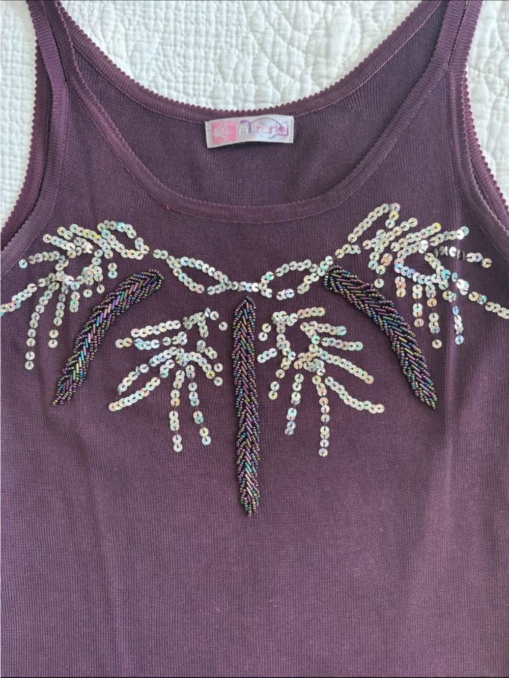 Vintage Y2K Sequin Embroidered Beaded Purple Ribbed Cami Tank Top - Picture 2 of 3